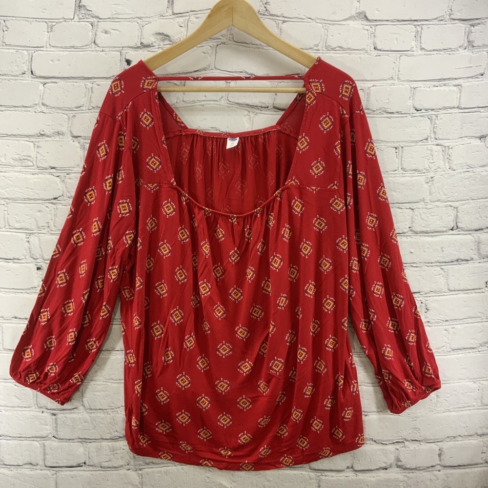 Old Navy Blouse Womens Sz XXL Red Peasant Aztec Print